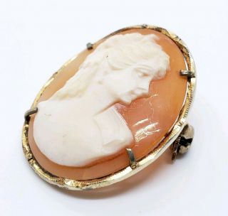 Vintage Signed 800 Silver Vermeil Hand Carved Cameo Shell Victorian Lady Brooch