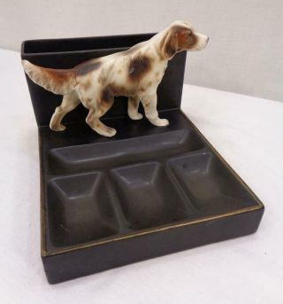 Vintage Pointer Dog Ceramic Letter Holder Desk Organizer Dresser Trinket Tray