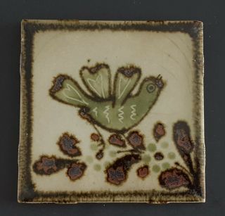 Vintage Decorative Mexican Ceramic Tile Bird Green Brown 4 1/4 " Square