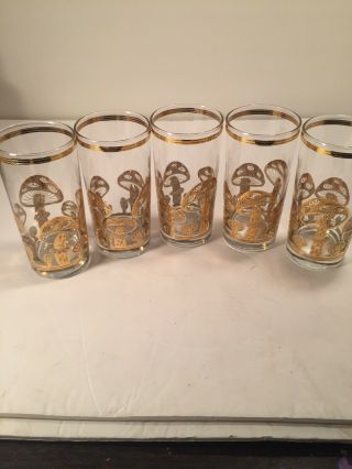 Culver Set Of 5 Vintage Magic Mushroom Gold Design Glasses Tumblers