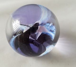 Caithness Streamers Vintage Glass Paperweight Scotland Blue Purple White Ribbons