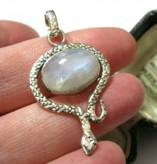 Solid Silver Vintage Style Real Rainbow Moonstone Snake Serpent Necklace Pendant