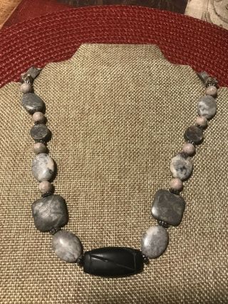 Grandma Estate Vintage Artisan Pink Gray Rhodonite Necklace 18” Carved Jet Stone