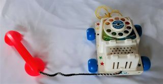Vintage 1961 Fisher - Price Chatter Telephone 747 Wood Base Lithos & Cord 2