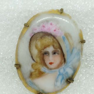 Vintage Hand Painted Portrait Cameo Brooch Pin American Porcelain C - Clasp