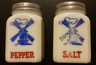Vintage Milk Glass Windmill Salt/pepper Shakers,  Usa Wwii Era 1940 