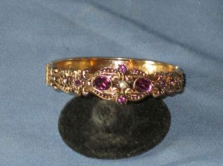 Vintage Avon Gold - Tone Metal Purple Rhinestone F/pearl Hinged Bangle Bracelet