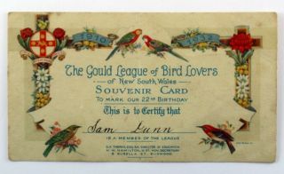 Vintage The Gould League Of Bird Lovers Nsw 1910 - 1932 Souvenir Members Card