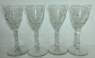 4 Vintage Libbey Rock Sharpe Halifax Wine Glass Gray Cut Floral Stem 3005 6 7/8 "