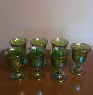 Lovely 7 Vintage Iridescent Green Carnival Glass 5 In Water Goblets
