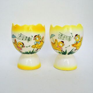 2 Vintage Double Egg Cups Singing Chicks Music Notes Sawtooth Rim Yellow Ceramic