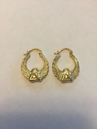 Vintage 14k Yellow Gold Snap Hoop Earrings Angel Wings Fine Jewelry
