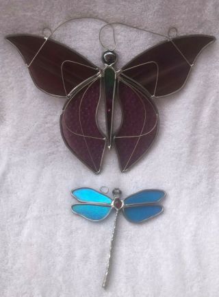 Vintage Stained Glass Purple Amethyst Butterfly & Dragonfly Suncatcher