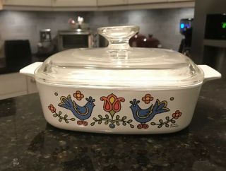 Vintage Corning Ware 1 Qt A - 1 - B Country Festival Blue Birds 1975
