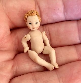 Vintage Miniature 1.  75 " Porcelain Artist Dollhouse Jointed Baby Doll W/hair