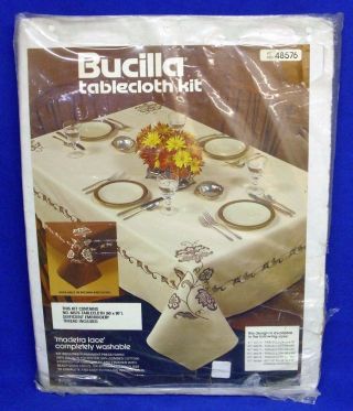 Vtg Bucilla Tablecloth Kit Madeira Lace Brown Rectangular 60 " X 80 " Embroidery
