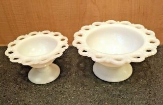 Vintage White Milk Glass Lace Edge Pedestal Footed Candy Dish Bowl Set 7 " & 5 "
