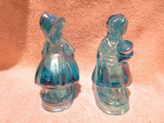 2 Vintage Blue Carnival Glass Fenton Boy And Girl Figurines Bookends