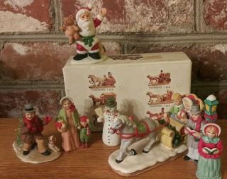 Vintage Lefton Colonial Village Christmas Figures Santa Sleigh Carolers Set Of 7