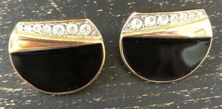 Vintage Monet Black Enamel Clip Earrings Modern Round Rhinestones Gold Tone
