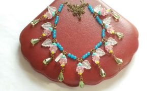Czech Pink Flower Glass Bead Necklace Vintage Deco Style