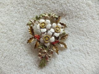 Vintage Costume Jewelry Exquisite Enamel Christmas Rose Brooch