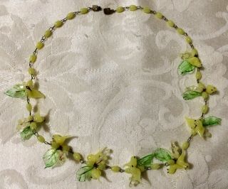 Vintage Necklace,  Hand Blown Glass Birds In Yellow With Green Leaves