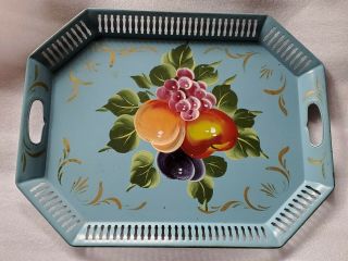 Vintage Nashco ? Blue Green Red Gold Hand Painted Fruit Toleware Tole Metal Tray