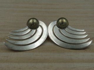 Vintage Taxco Mexico Sterling Silver & Brass Modernist Pierced Earrings