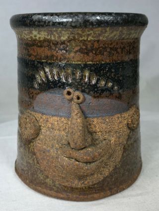 Vintage Artisan Stoneware Coffee Mug Primitive Art Man 