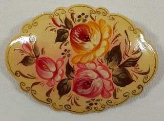 Russian Brooch Pin Hand Painted Wooden Vintage Signed Scalloped Edge