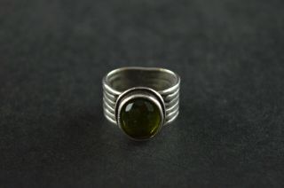 Vintage Sterling Silver Etched Green Stone Dome Ring - 8g