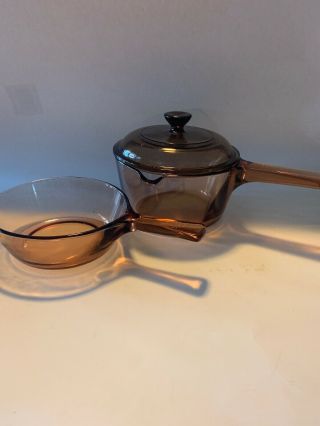Vintage Amber Visions Corning Ware Two Saucepans Cookware 0.  5 L And 1.  5 L