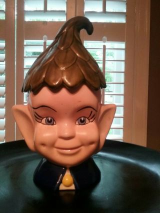 Vintage Elf Pixie Head Pottery Ceramic Cookie Jar W/ Green Leaf Hat Signed