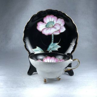 Vintage Nasco Del Coronado 3 Footed Lusterware Pink Flower On Black Tea Set