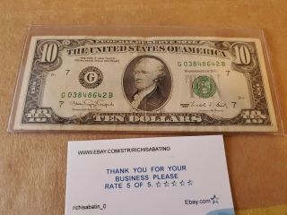 1990 (G) $10 Ten Dollar Bill Federal Reserve Note Chicago Vintage Old Currency 3