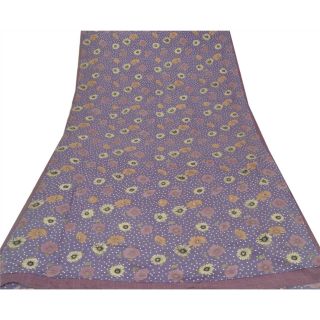 Sanskriti Vintage Purple Saree 100 Pure Crepe Silk Fabric Printed Sari Craft 3