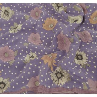 Sanskriti Vintage Purple Saree 100 Pure Crepe Silk Fabric Printed Sari Craft 5
