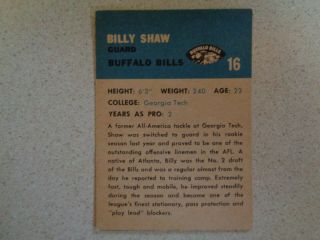 1962 Fleer Billy Shaw RC Rookie Buffalo Bills 16 Vintage Card EX, 2