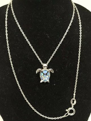 Vintage Sterling Silver Opal Inlay Turtle Pendant 18” Chain Necklace