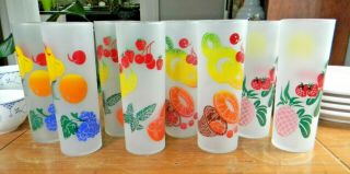 Set 8 Vintage Federal Frosted Fruit Zombie Glasses Cocktail Tumblers Midcentury