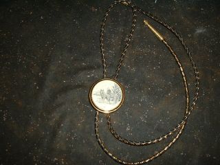 Vintage Barlow Bolo Tie With Scrimshaw Slide Of A Wolves In The Wild
