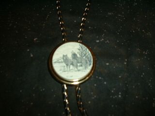 VINTAGE BARLOW BOLO TIE with SCRIMSHAW SLIDE of A WOLVES IN THE WILD 3