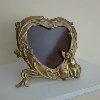 Vintage Heart - Shaped Brass Art Nouveau Frame - Snuggling Cats & Fleur De Lis
