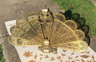 Vintage Ornate Brass Victorian Lady Peacock Foldable Fireplace Fan Screen