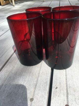 4 Heavy Vintage Ruby Red Glass Drinking Glasses Tumblers Almost Straight 5”
