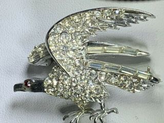 Vintage Signed Pell Silver - Tone Metal Rhinestone Eagle Bird Brooch