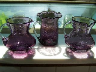 3 Pilgrim Art Glass Crackle Purple Small Vintage Pitchers Figurine