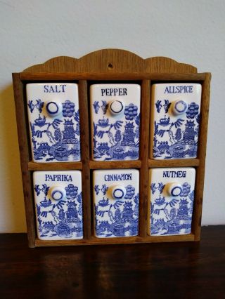 Vintage (6) Blue Willow Print Ceramic Spice Shakers W/ Wood Wall Rack