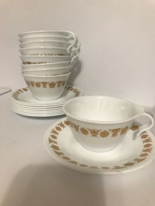Set Of 9 - Vintage Corelle Pyrex Butterfly Gold Hook Handle Tea Cups And Saucers